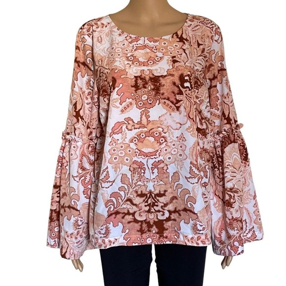 LC Lauren Conrad Blouse White Coral Damask Bow Tie Bell Sleeves Size XL - Picture 1 of 12